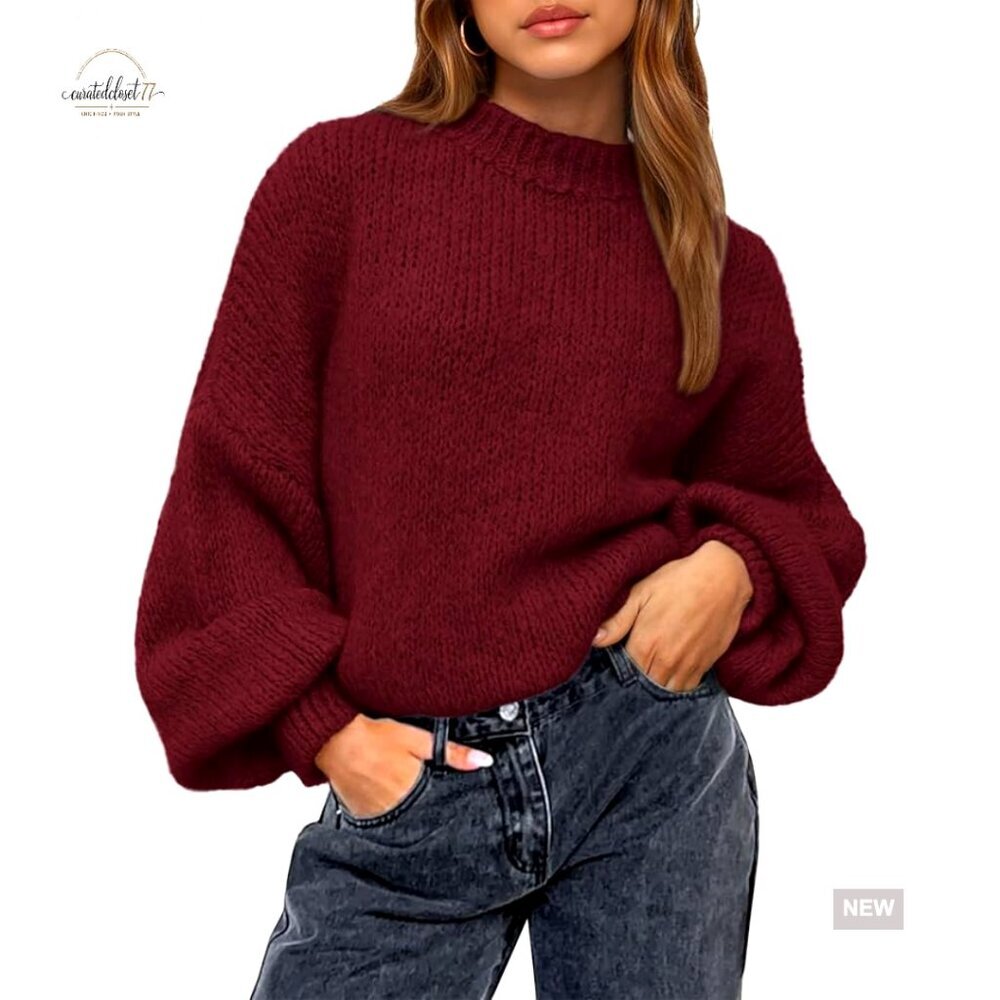 Oversized Lantern Sleeve Pullover Sweater Crew Neck Long Sleeve Knit Top